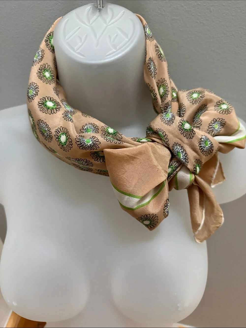 VTG Delicate Glentex 100% Silk Scarf Hand Rolled Japan Daisy Geo Tan Green 50’s